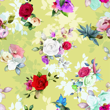 Seamless floral background pattern. Abstract flowers, roses, peony, branches with leaves on light green. Pattern for textile, fabric and other prints purpose. Hand drawn artwork, vector wallpaper.