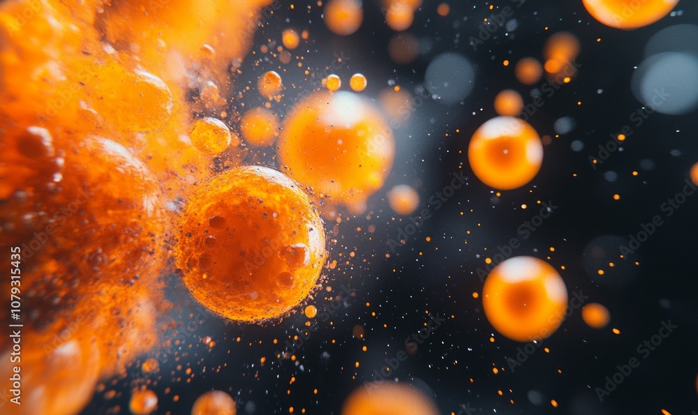 Poster close-up of an abstract orange structure with spherical particles in a microscopic or scientific sty