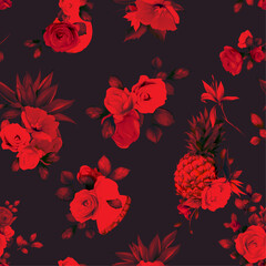 Stylized seamless floral background pattern. Abstract flowers, pineapple, roses, peony, branches with leaves on black. Pattern for textile, fabric and other prints purpose. Artwork, vector.