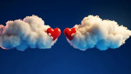 Two white fluffy clouds floating in the air, each holding one red heart shape on a blue background. - Powered by Adobe