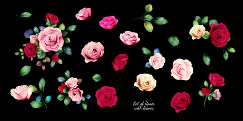 Floral design. Illustration of roses buds flowers with leaf for fabric, textile and other design purpose. Abstract, watercolor. Hand drawn. Vector - stock.
