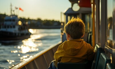 Fototapeta premium Child Rides on a Ferry Boat in Casco Bay, Portland, Maine