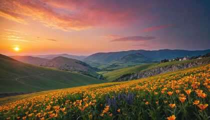 A field of bright yellow flowers blooms at sunset in a mountainous valley