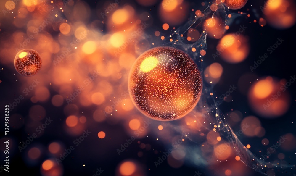 Aufkleber close-up of an abstract orange structure with spherical particles in a microscopic or scientific sty