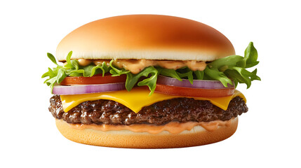 Close-up of a juicy cheeseburger with layers of cheese, lettuce, tomato, and onions on a white background