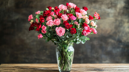 A vibrant bouquet of red and pink roses in clear glass vase on wooden table