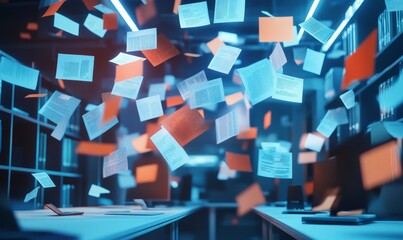 Digital concept image showing floating documents in a modern office environment, highlighting data management, cybersecurity, and information storage themes