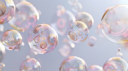 Naklejka premium Shoot close-up bubbles in the sky with sunlight reflecting off their surfaces, creating rainbow colors against the blue backdrop.