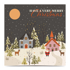 Fototapeta premium Merry Christmas - peaceful winter Santa Claus village, colorful houses, Santa Claus, trees, reindeers and snowman in the snowy surroundings, colorful text, card, banner, postcard, vector illustration