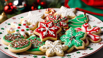 A plate of assorted Christmas cookies, including star, snowflake, tree, and candy cane shapes, decorated with white, red, and green icing and sprinkles.