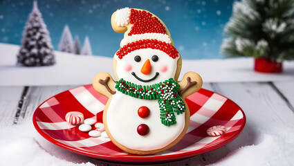 A decorated snowman cookie on a red and white striped plate with candy canes and a snowy background.