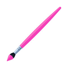 Pink paintbrush with paint on bristles. Art supply, painting, and creativity concept. Flat vector illustration isolated on a white background