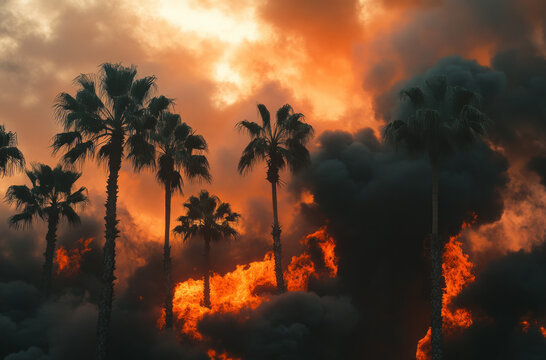Fire engulfs palm trees under a dramatic orange and black sky at sunset