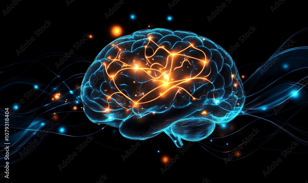 Poster digital illustration of a glowing human brain with orange neural pathways and blue wavy lines on a d
