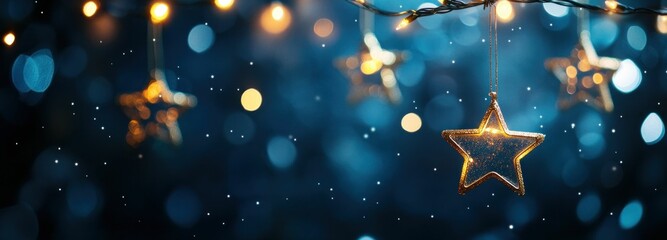 Christmas decorations, golden stars hanging on a sparkling bokeh background of blue tones, creating a festive and joyful atmosphere, perfect for holiday themed designs and projects