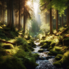 Obraz premium Sunbeams illuminate a lush forest with a winding stream