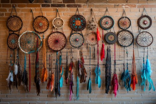 dreamcatcher wall display, a display of carefully crafted dreamcatchers hanging on a simple brick wall in a cozy, inviting space suited for heartfelt notes