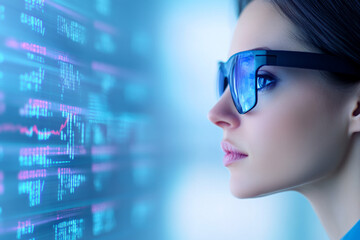 Woman analyzing data on a digital screen in futuristic eyewear