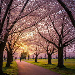 Fototapeta premium A person walks a path lined with vibrant pink cherry blossoms at sunset