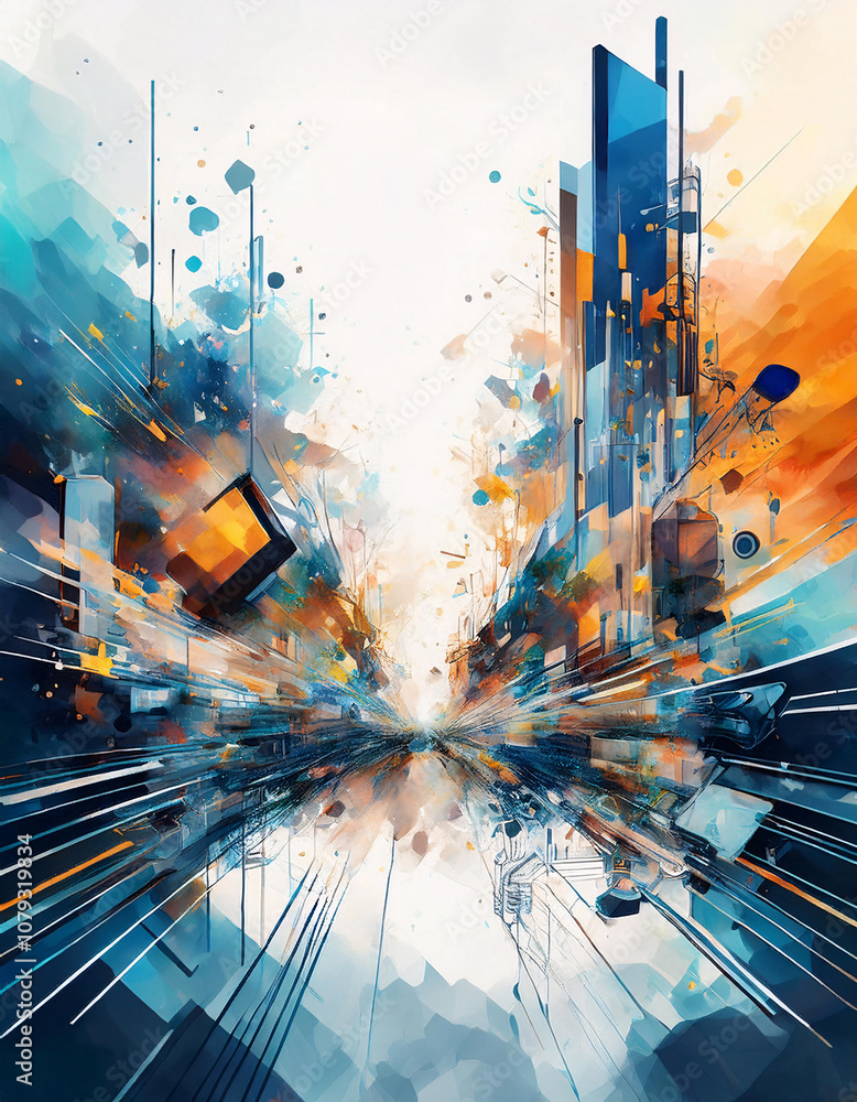 Poster an abstract explosion of colors and shapes, creating a dynamic and energetic composition