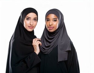 Stunning  beautiful Arab women, adorned in chic black hijabs, posed individually, white background
