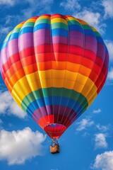 Fototapeta premium A vibrant rainbow hot air balloon floats against a bright blue sky dotted with fluffy white clouds during a sunny afternoon
