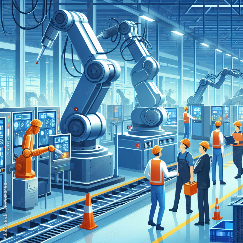 Poster warehouse workers collaborate with robots on an assembly line, using ai-powered technology