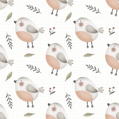 seamless pattern with robin, decor elements. Colorful illustration, flat style. design for fabric, print, wrapper	