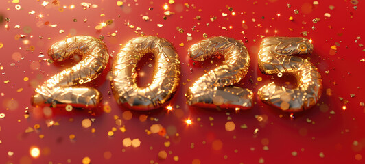 Golden balloons spelling out 2025 sparkle against a red backdrop of confetti, hinting at the anticipation and excitement of a new year