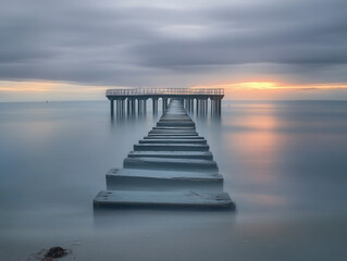 Obraz premium A long pier stretches into the ocean, its steps leading towards a hazy sunrise. The sky is a pale canvas of blue and pink, and the water reflects the soft light of dawn