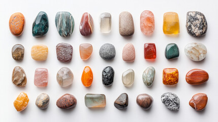 A colorful assortment of polished gemstones on a white background