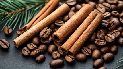 Cinnamon sticks and coffee beans clustered together with pine leaves