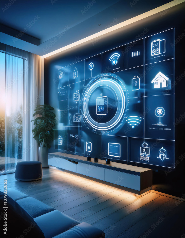 Poster a futuristic living room with a large interactive display showcasing various smart home controls
