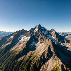 Fototapeta premium A majestic mountain peak with snow-capped summit against a clear blue sky