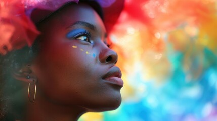 Amidst a spectrum of colors, a determined LGBTQ student's poised posture signifies their courage and determination