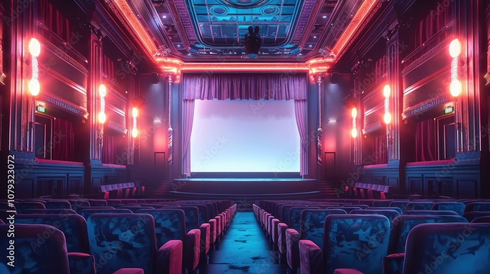 Poster an empty movie theatre with a large screen and rows of seats.
