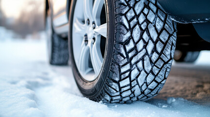 Snow-covered road with all-season tire parked during winter afternoon