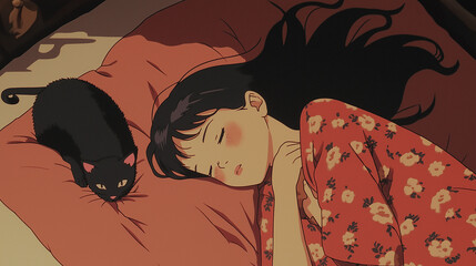1980s Japanese anime-style illustration of a young woman in pajamas lying face down on a bed with a black cat, in an overhead shot. Perfect for retro anime visuals or cozy home scenes