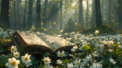 Naklejka premium An open book lies on a bed of white wildflowers in a sun-dappled forest, with morning mist swirling around the trees.