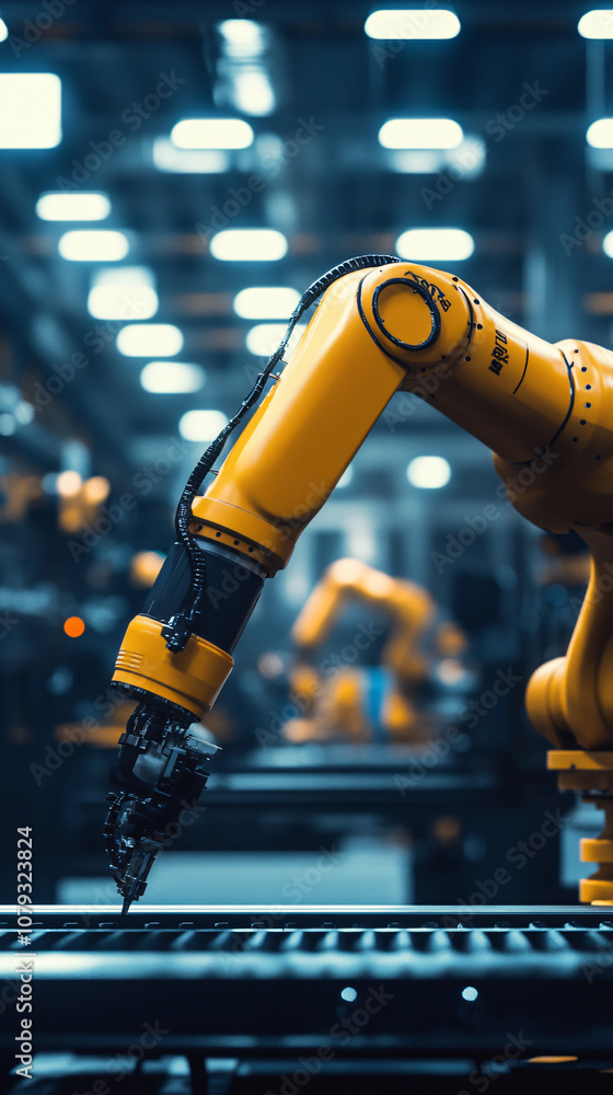 Poster advanced factory setting with a yellow robotic arm carrying out tasks on the production line