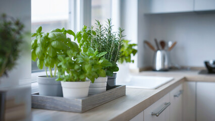 Small pots of basil, mint, and rosemary create a vibrant indoor herb garden on a kitchen windowsill, adding a refreshing green touch to a simple kitchen.
