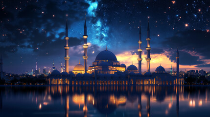Fototapeta premium Celestial Cityscape with Mosques under Starry Sky