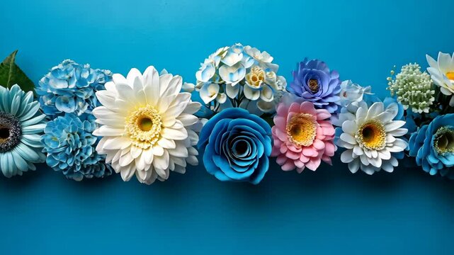 A row of colorful paper flowers are arranged on a blue background