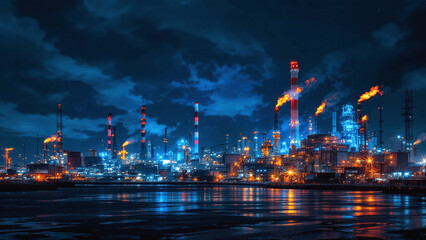Industrial landscape with a dramatic atmosphere showcasing a refinery at night with vibrant lights against a cloudy sky.