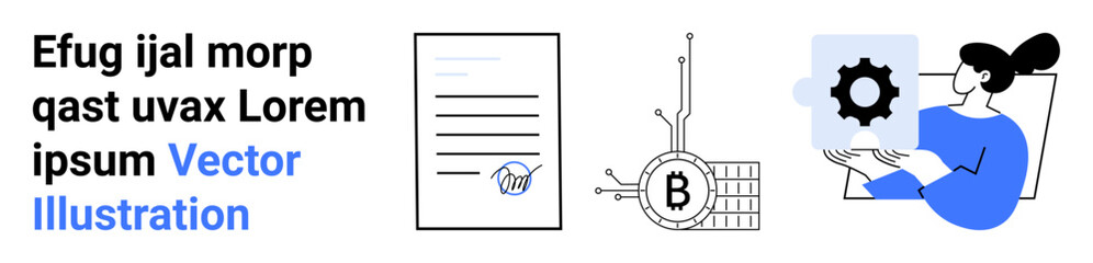 Hand pointing at document, Bitcoin blockchain network, person holding gear puzzle. Ideal for websites, fintech apps, blockchain services, cryptocurrency guides, tech blogs, collaboration tools