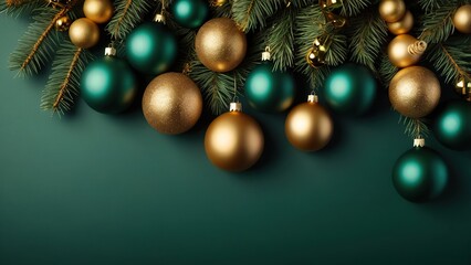 Christmas frame. Green Xmas background with balls and golden Christmas trees decoration. Banner mockup, greeting card template
