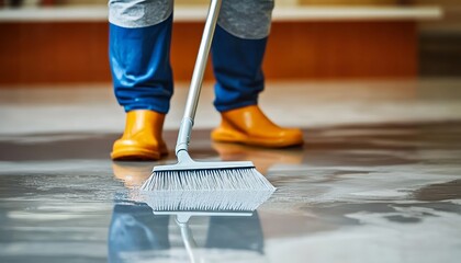 Worker Cleaning Up Gray Epoxy Resin and Bubbles During Application Process on Concrete Flooring