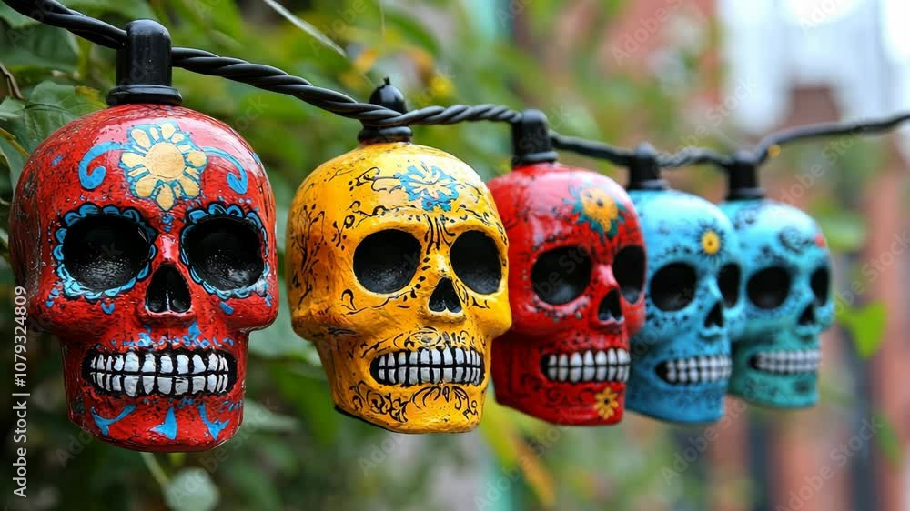 Poster a string of colorful sugar skull lights hangs from a tree branch, adding a festive touch to any outd