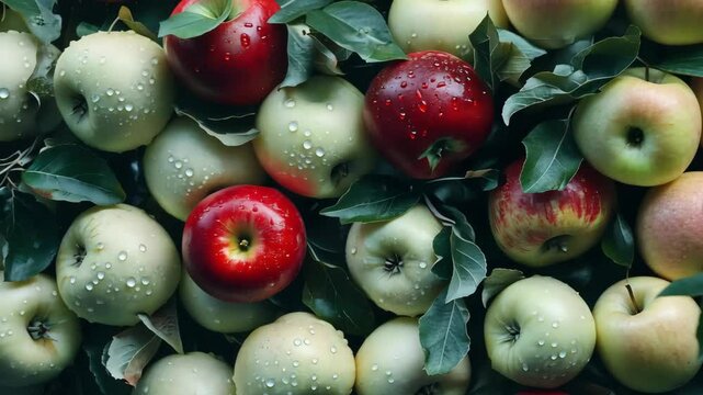 White apples, with one red apple standing out in the center.