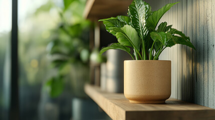 A serene indoor plant in a minimalistic pot on a wooden shelf